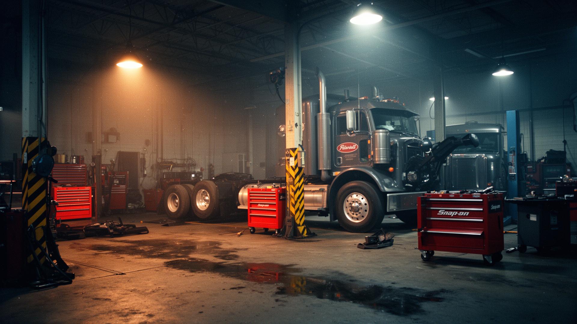 Heavy-duty diesel repair shop bay at night with a Peterbilt on the lift and Snap-On tool boxes