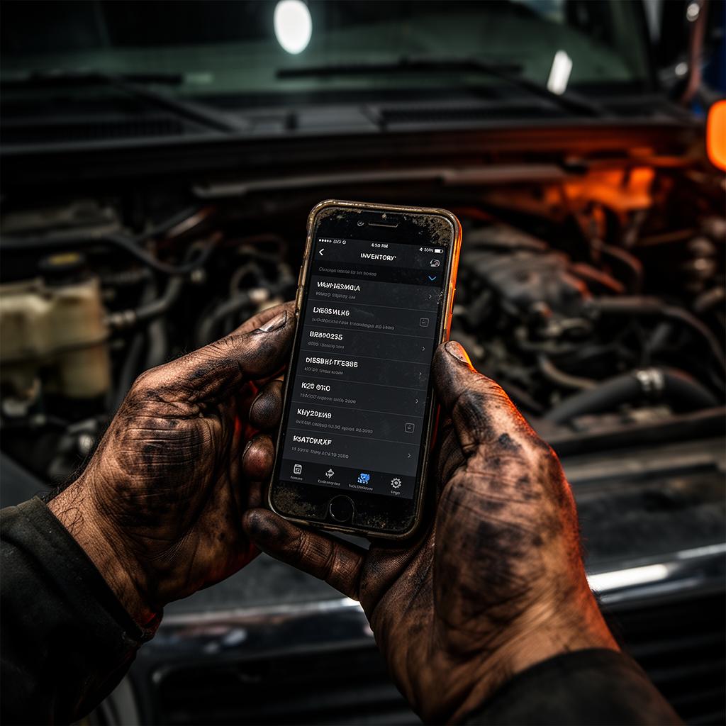 Grease-stained mechanic hands using a rugged dark inventory app on a worn smartphone over a diesel engine bay