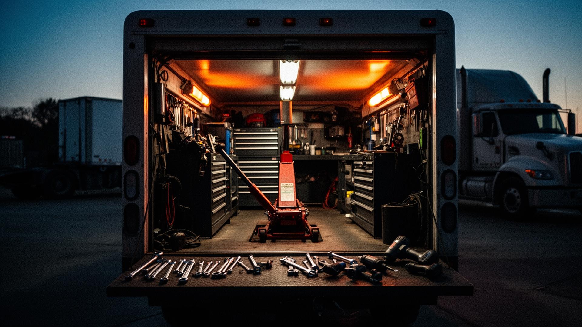 Open service truck at dusk with organized tool drawers, hydraulic jack, and wrenches laid out on the bumper